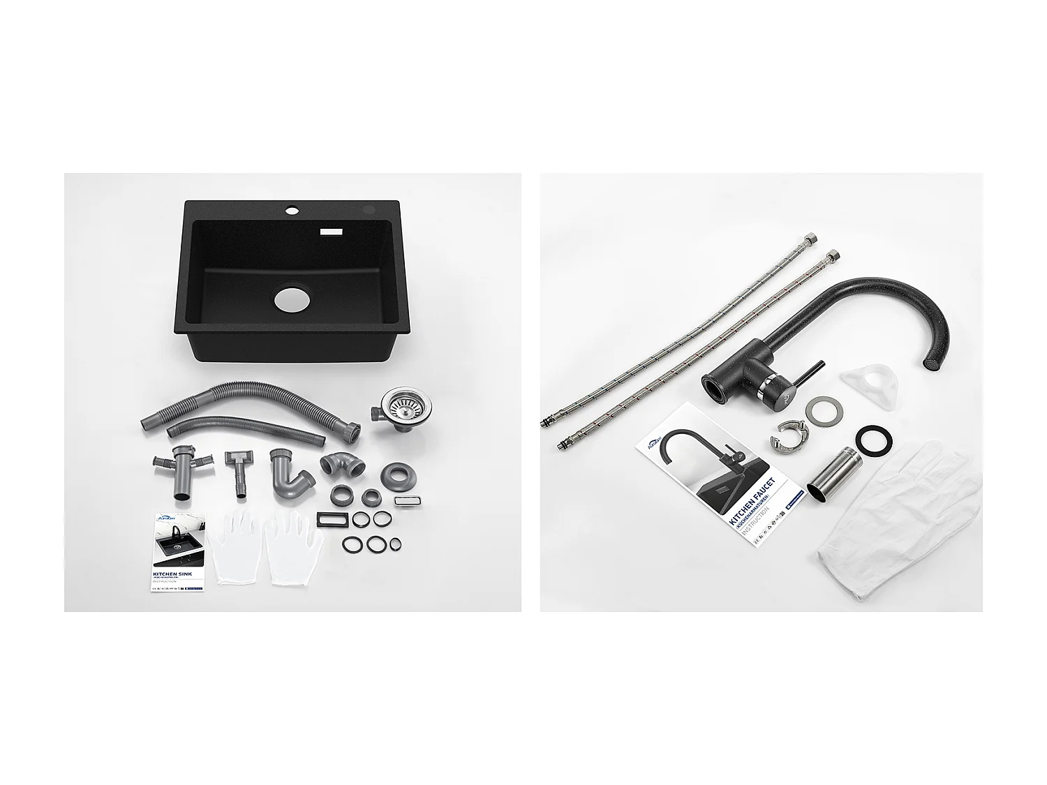 1 Bac Évier Cuisine en Granit,55*45*20cm,Kit de Vidage,Noir+Robinet Cuisine Rotatif 360°Eau Froide Chaude Noir avec points blancs