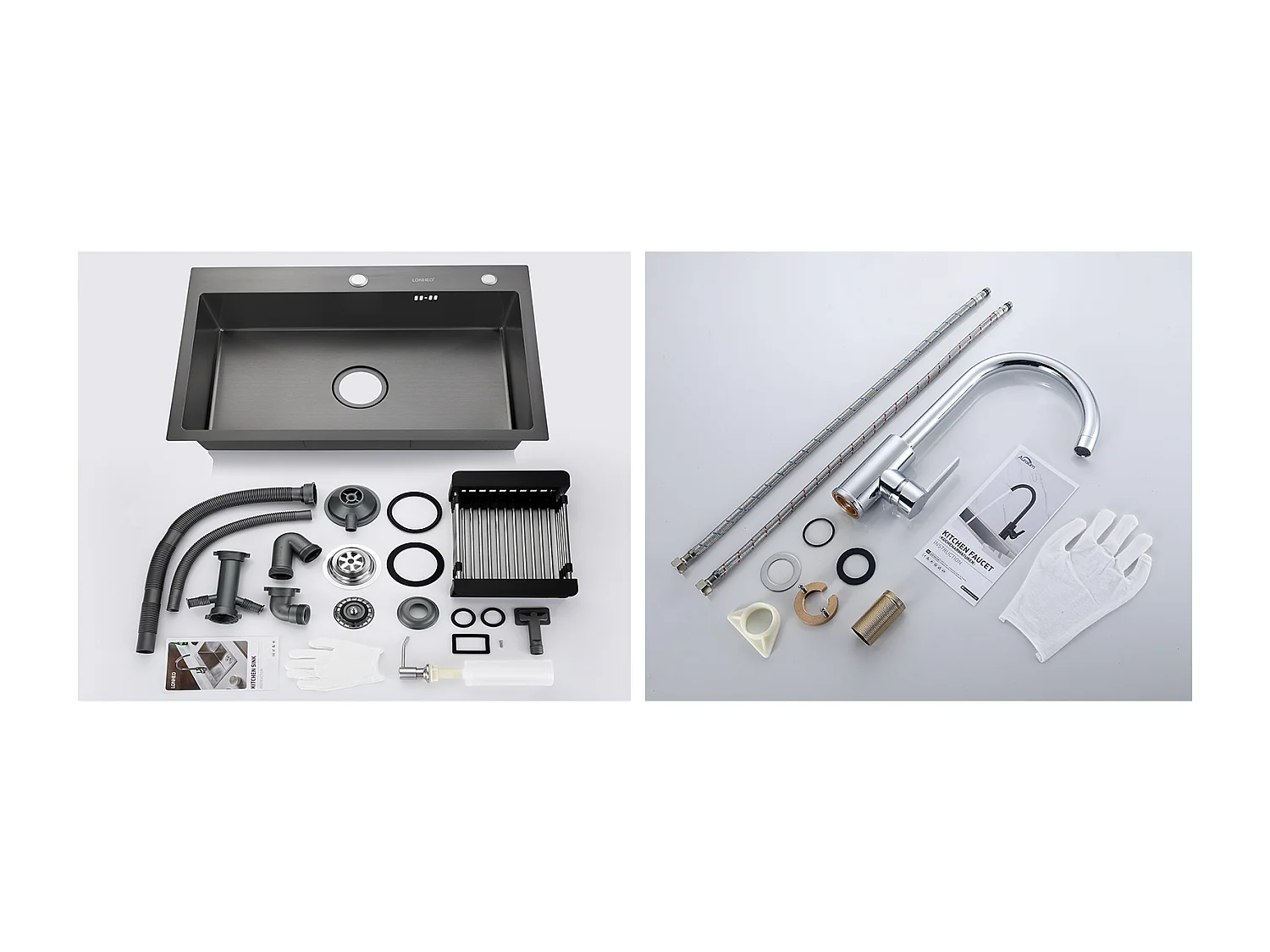 Évier Cuisine Noir 68x45x19CM avec Distrubuteur de savon et Égouttoir panier+Robinet Cuisine Pivotant à 360° avec Eau Chaude/Froide, Chromé