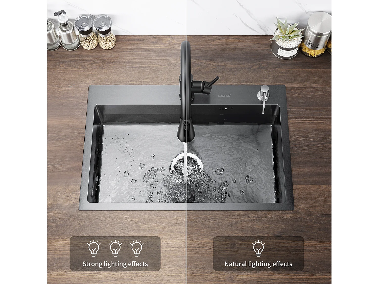 Évier Cuisine Noir 68x45x19CM avec Distrubuteur de savon et Égouttoir panier+Robinet Cuisine Pivotant à 360° avec Eau Chaude/Froide, Chromé