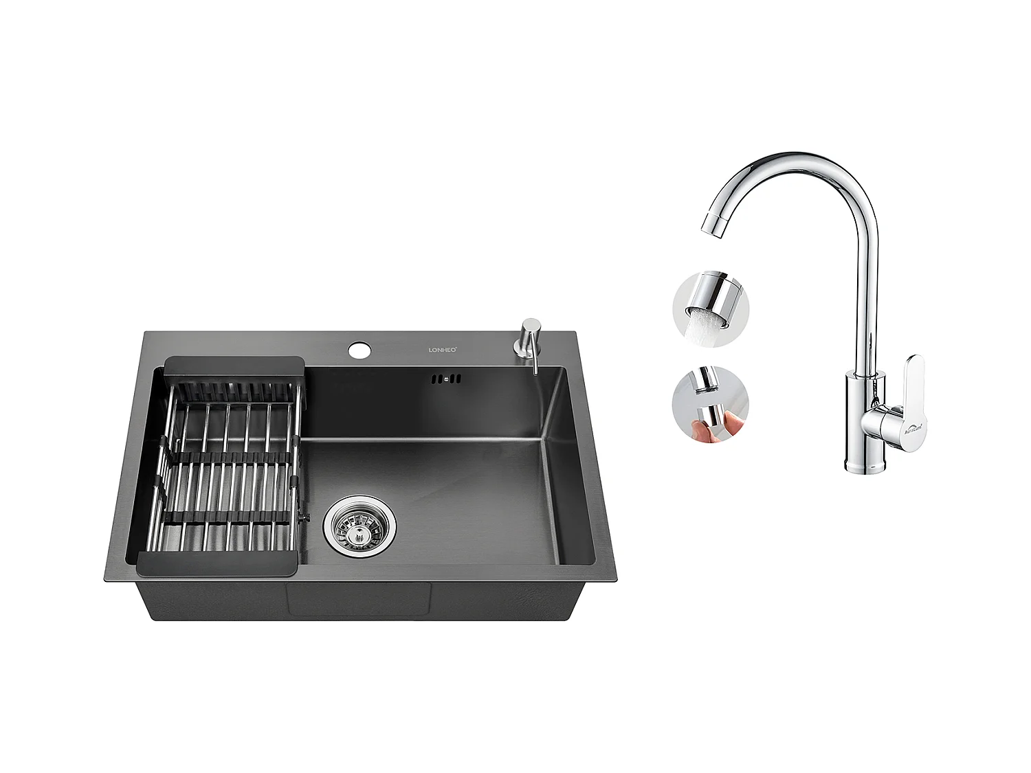 Évier Cuisine Noir 68x45x19CM avec Distrubuteur de savon et Égouttoir panier+Robinet Cuisine Pivotant à 360° avec Eau Chaude/Froide, Chromé