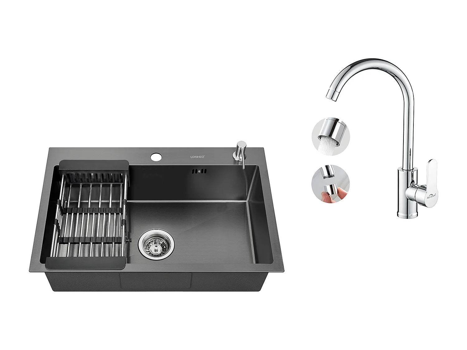 Lavello Cucina Nero 68x45x19CM con Distributore di sapone e Scolapiatti cesto+Rubinetto Cucina Girevole a 360° con Acqua Calda/Fredda, Cromato