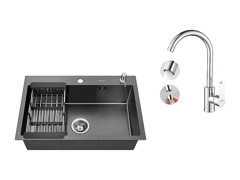 Zwarte Aanrecht 68x45x19CM met Zeepvloer en Afdruiprekmand + 360° Draaibare Keukenkraan met Warm/Koud Water, Verchroomd