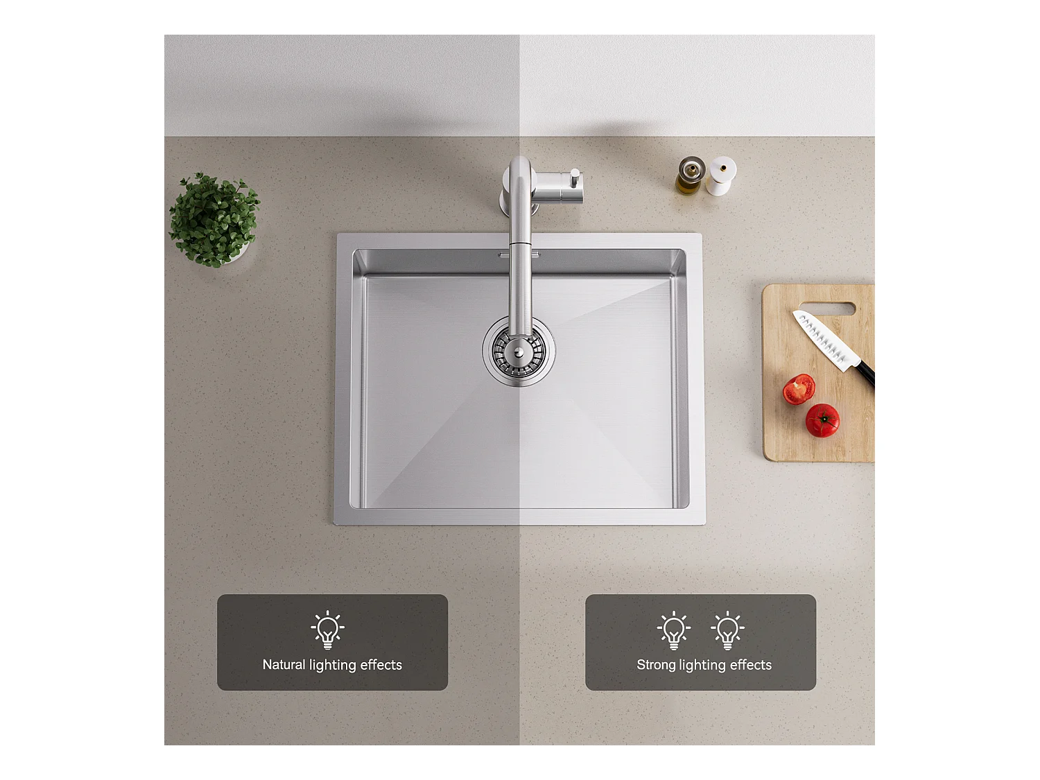 2-in-1-Küchenspüle mit Einzelbecken, 55 x 44 x 19 cm, Einbau-/Blumen-/Unterbauspüle, gebürsteter Küchenmischhahn aus Edelstahl 304, 360 ° schwenkbar, faltbar