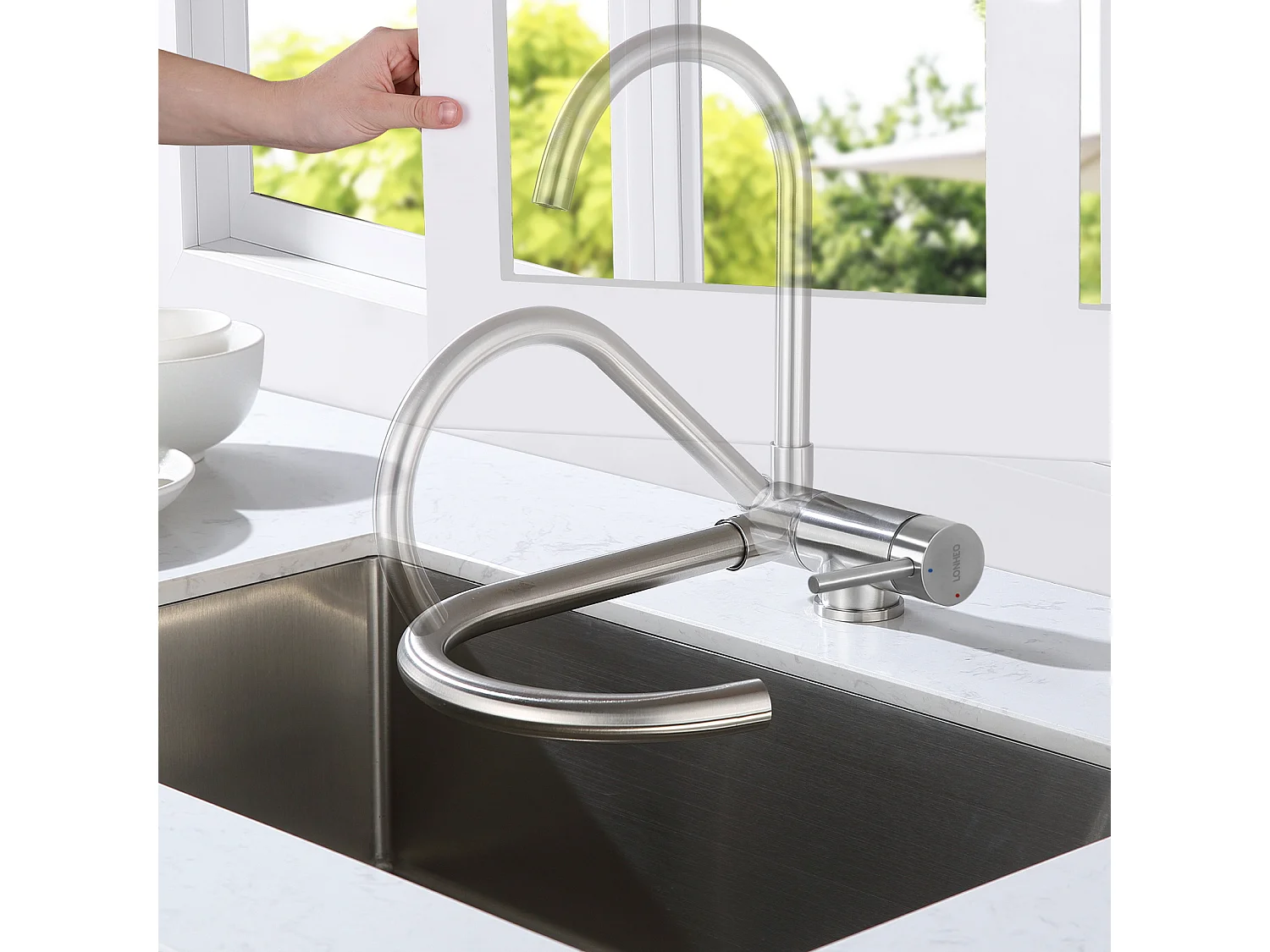 2 en1 Évier de Cuisine 1 Bac 55*44*19CM, à Encastrer/Fleur/ Sous-Plan, Brossé+Mitigeur Cuisine en Acier Inox 304 Rabattable Pivotant à 360°