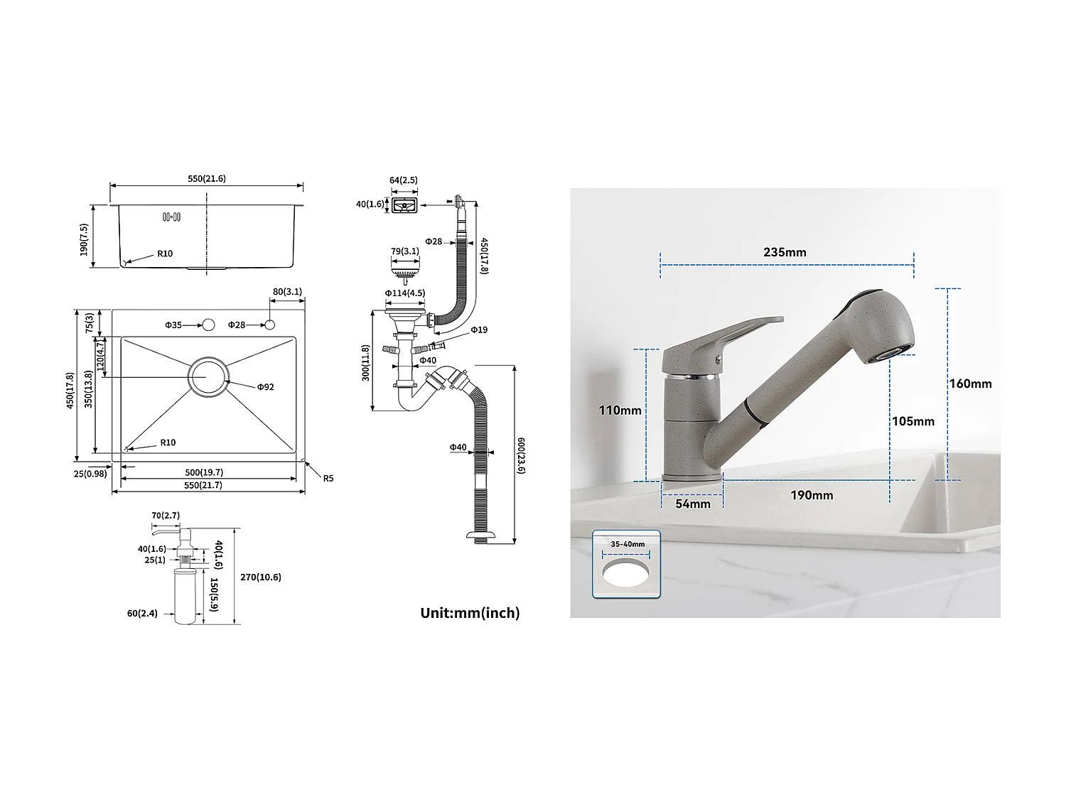 Évier Cuisine 1 Bac 55*45CM,Encastré/à Poser avec Distributeur Savon+Robinet Cuisine avec Douchette Extractible 2 Jets,Eau Froide/Chaude,Gris