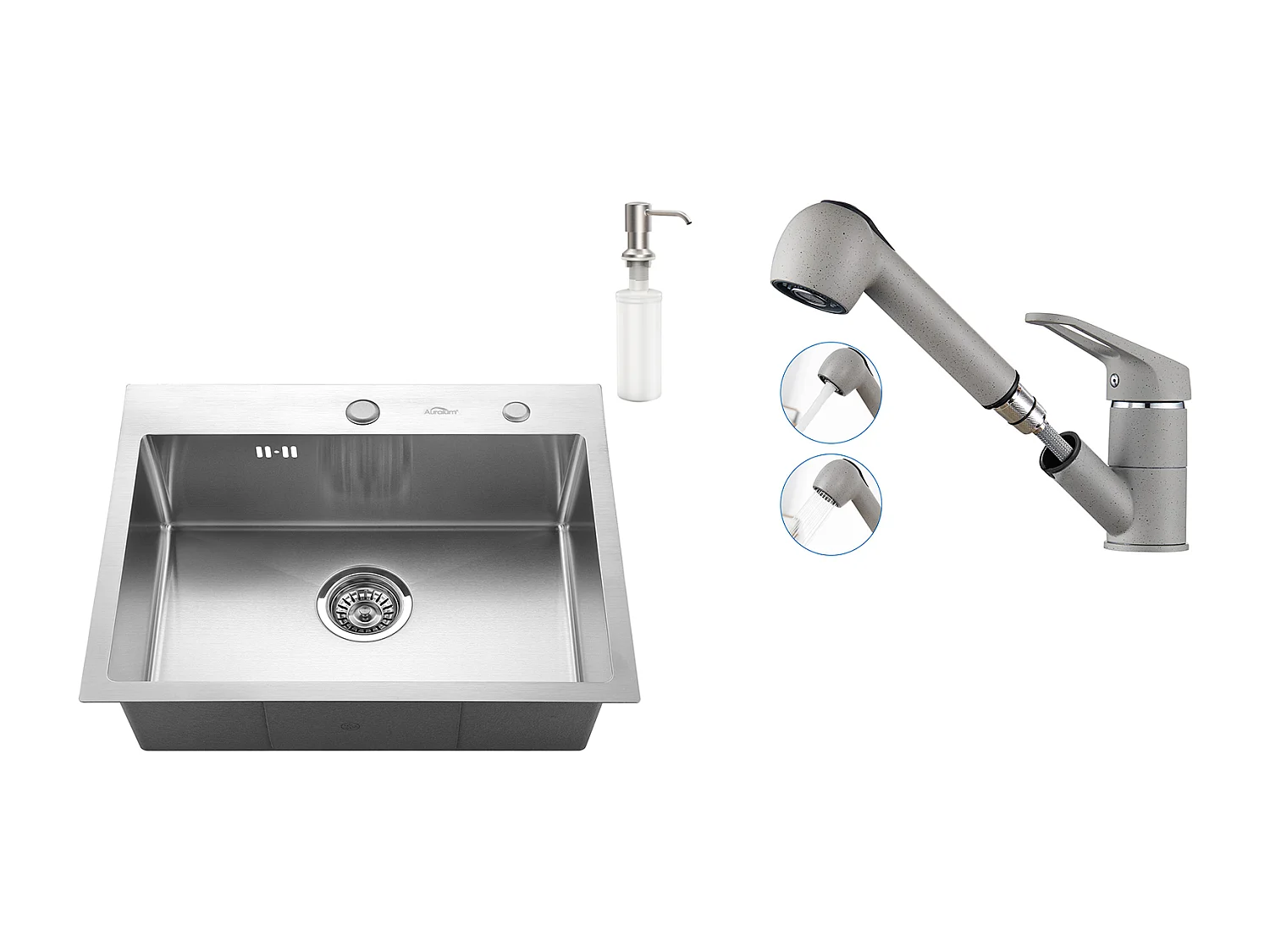 Fregadero Cocina 1 Bandeja 55*45CM,Empotrado/para Colocar con Dispensador de Jabón+Grifo Cocina con Ducha Extraíble 2 Jets,Gris