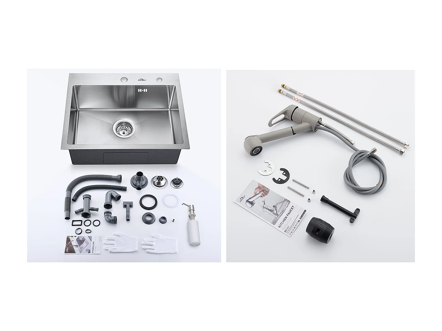 Fregadero Cocina 1 Bandeja 55*45CM,Empotrado/para Colocar con Dispensador de Jabón+Grifo Cocina con Ducha Extraíble 2 Jets,Gris