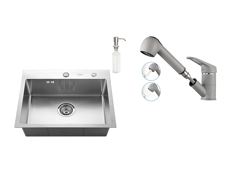 Évier Cuisine 1 Bac 55*45CM,Encastré/à Poser avec Distributeur Savon+Robinet Cuisine avec Douchette Extractible 2 Jets,Eau Froide/Chaude,Gris