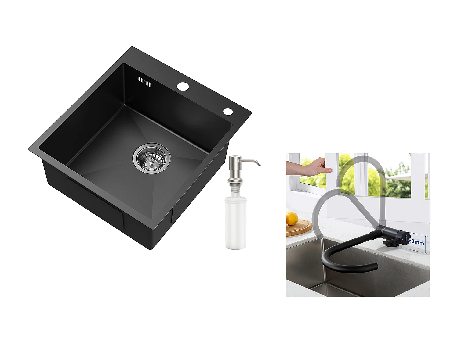Fregadero Cocina 1 Bandeja Negro,Inox,44*49*20 CM,con Dispensador Jabón+Mejedor Cocina de Acero Inoxidable Plegable Giratorio a 360°,Negro