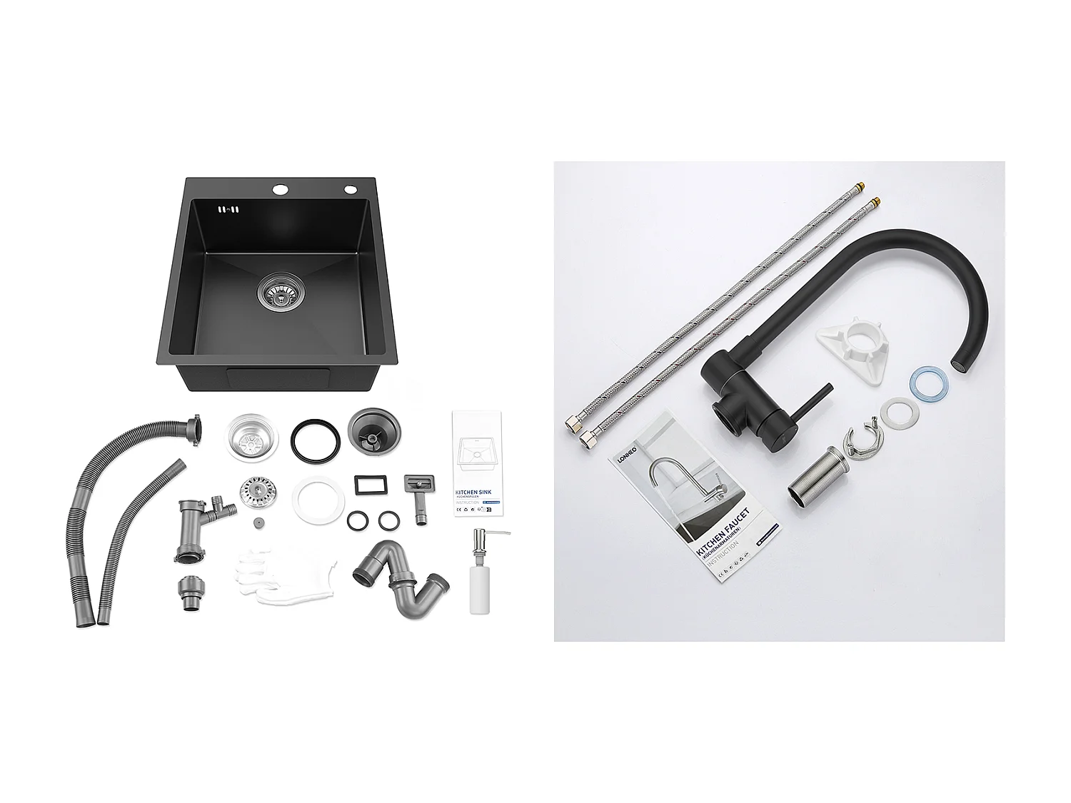 Fregadero Cocina 1 Bandeja Negro,Inox,44*49*20 CM,con Dispensador Jabón+Mejedor Cocina de Acero Inoxidable Plegable Giratorio a 360°,Negro