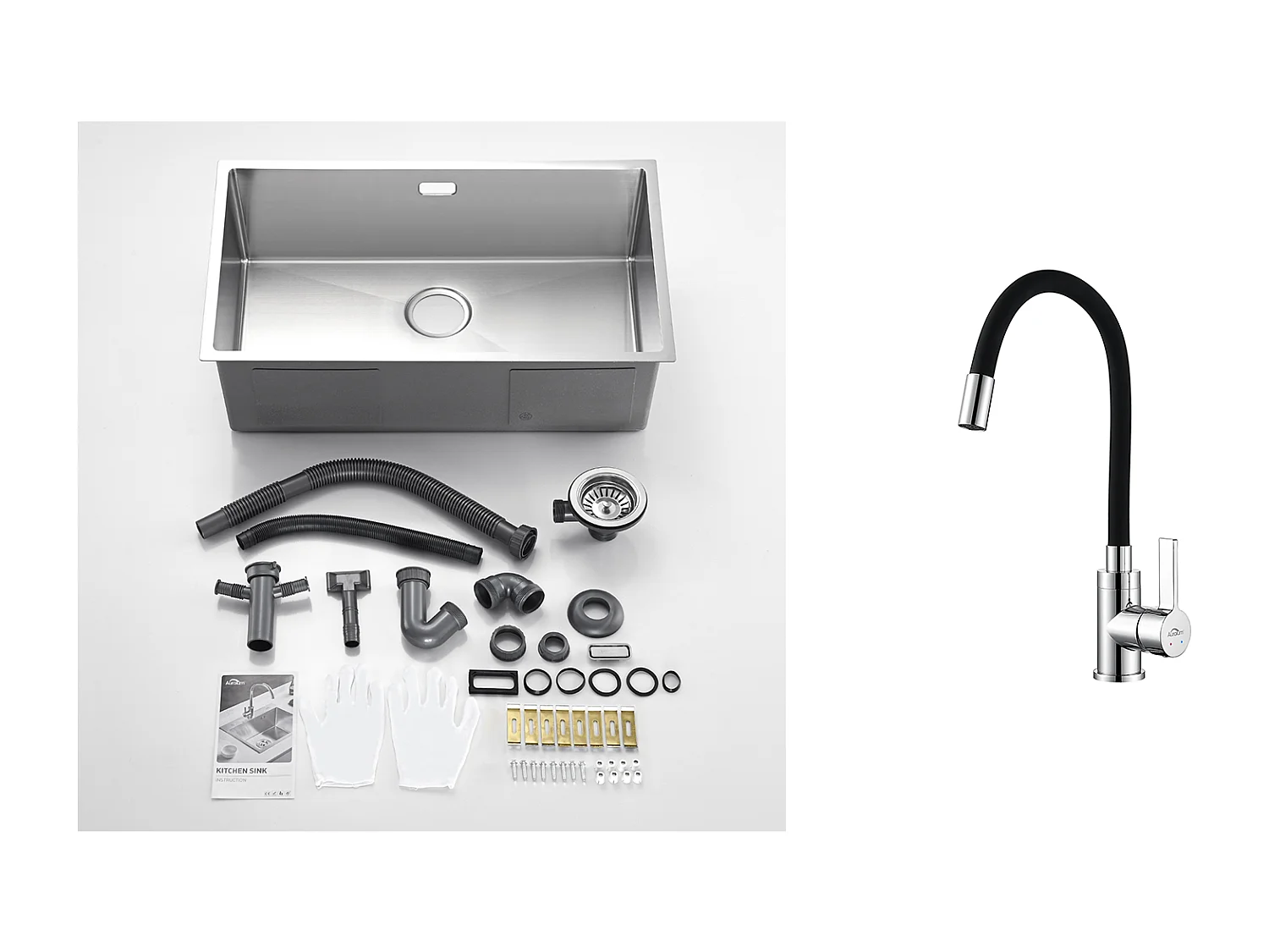 Évier Cuisine 1 Bac 74*44*20CM 304 Inox Évier Brossé avec Siphon et Trop-Plein+Robinet de Cuisine Flexible Bec Haut Orientable