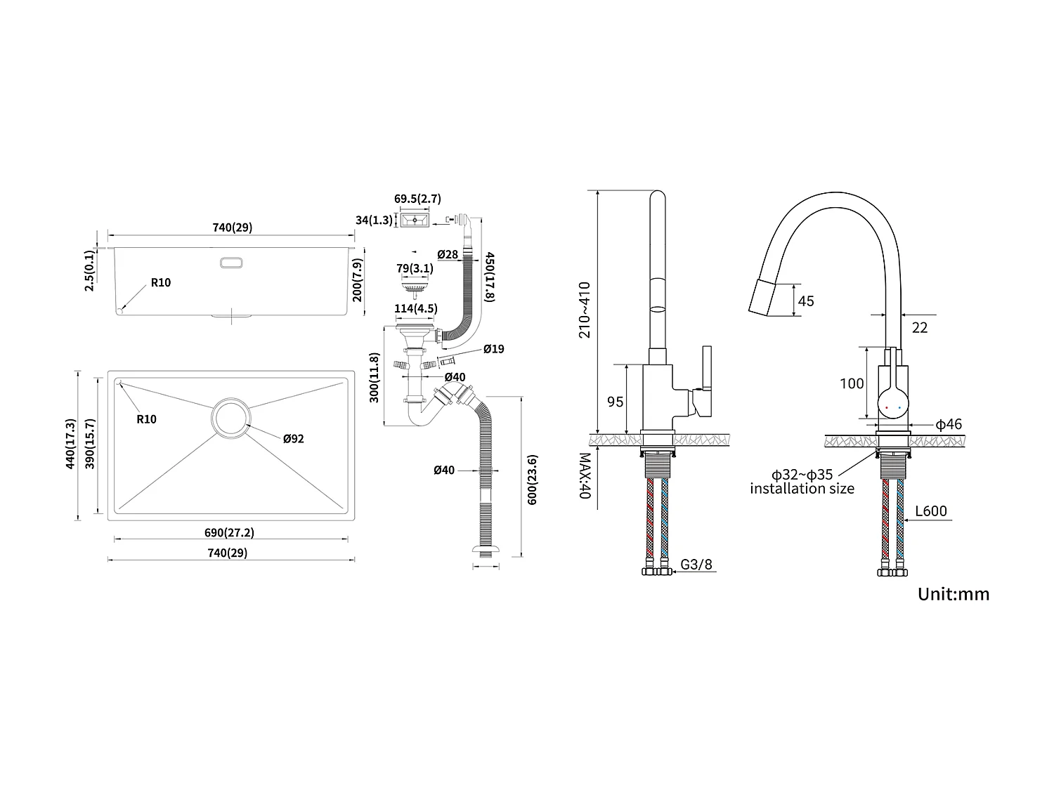 Évier Cuisine 1 Bac 74*44*20CM 304 Inox Évier Brossé avec Siphon et Trop-Plein+Robinet de Cuisine Flexible Bec Haut Orientable