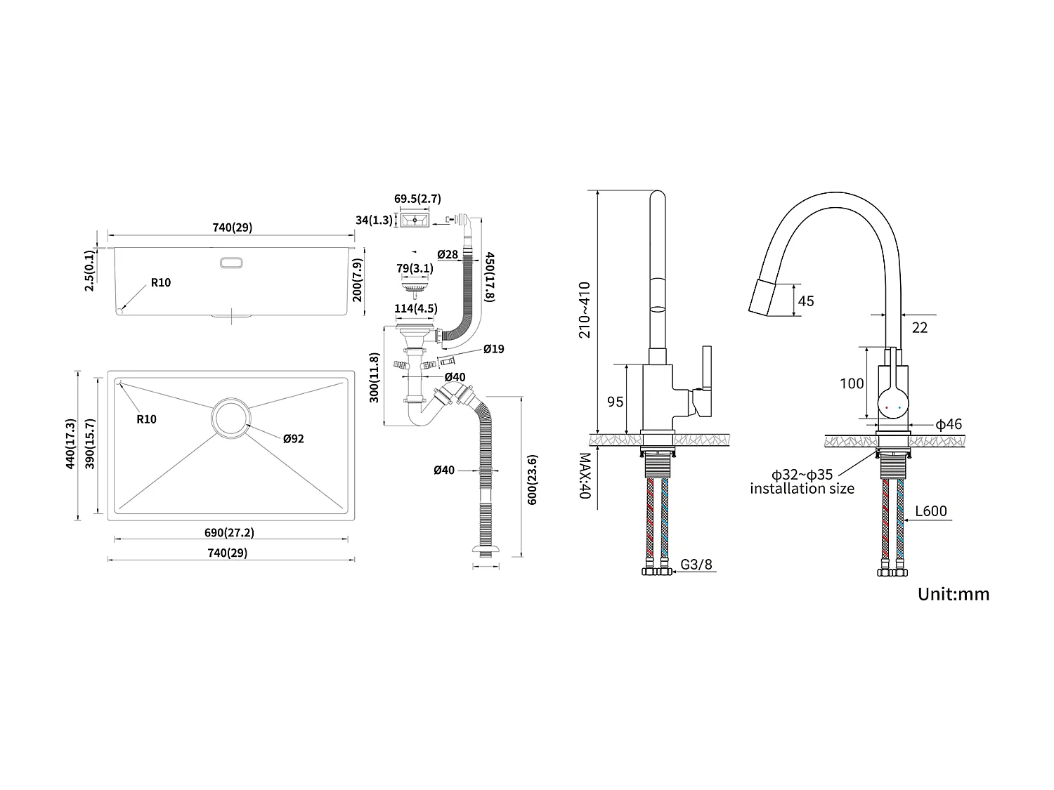 Évier Cuisine 1 Bac 74*44*20CM 304 Inox Évier Brossé avec Siphon et Trop-Plein+Robinet de Cuisine Flexible Bec Haut Orientable