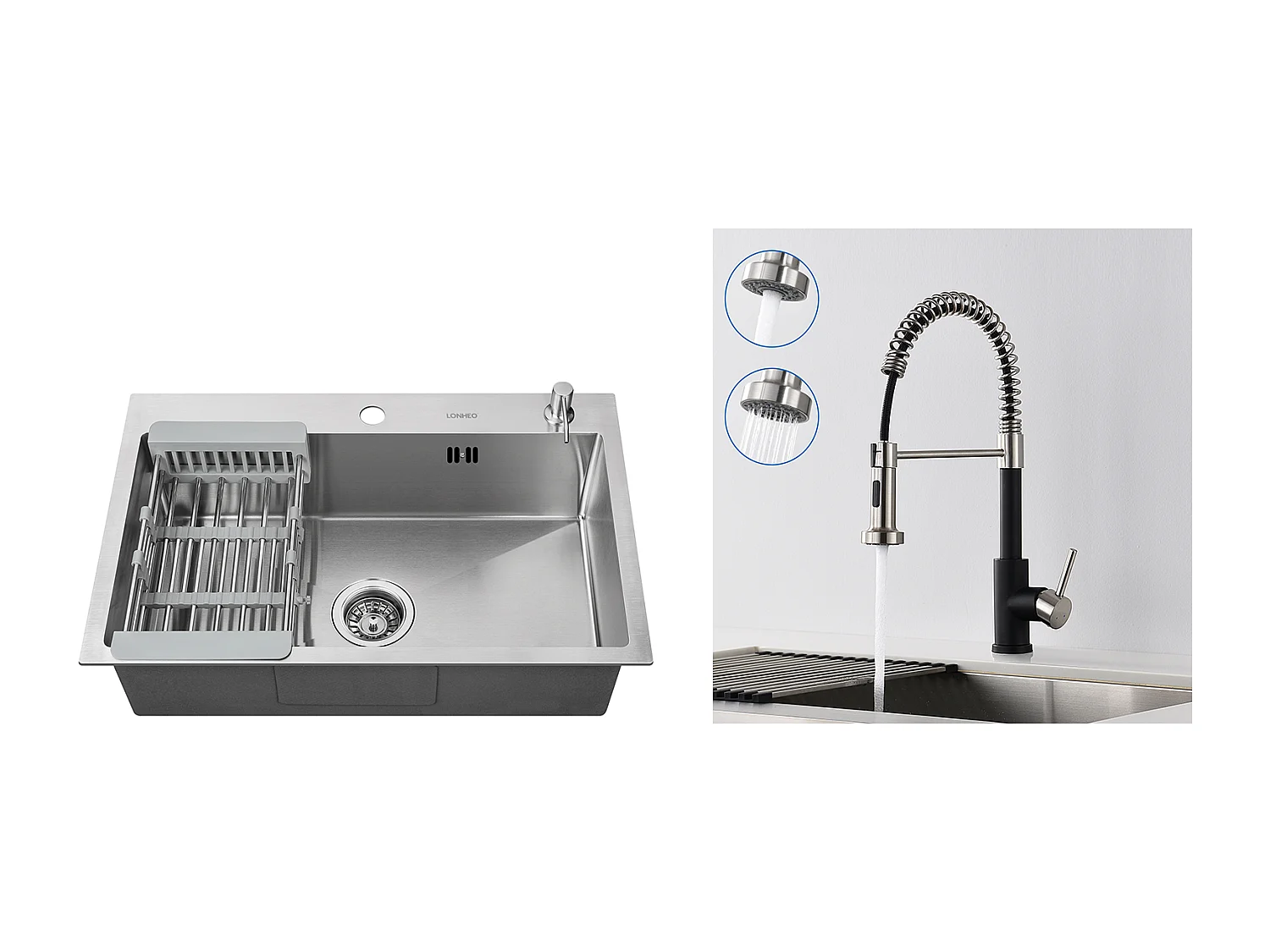 2 en1 Évier Cuisine Brossé 68x45x19CM avec Distrubuteur savon Égouttoir Panier+Robinet Cuisine Ressort avec Douchette Extensible,2 Modes,Noir