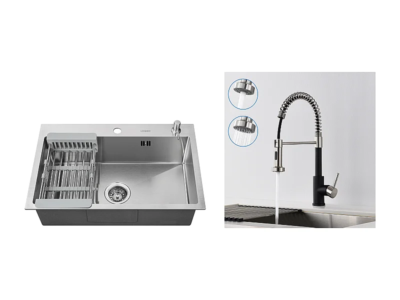 2 en1 Évier Cuisine Brossé 68x45x19CM avec Distrubuteur savon Égouttoir Panier+Robinet Cuisine Ressort avec Douchette Extensible,2 Modes,Noir