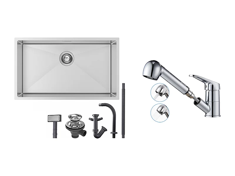 Lavello Cucina 1 Vassoio 74*44*20CM Inox Lavello Spazzolato con Sifone/Troppo pieno+Miscelatore Cucina con Doccia Estraibile Cromo,Cromato