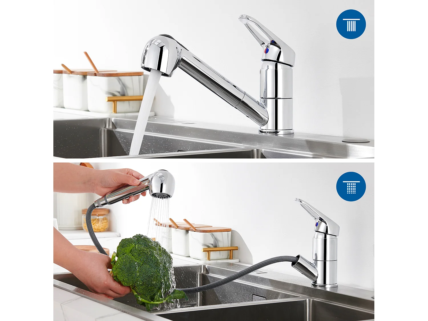 Évier Cuisine 1 Bac 74*44*20CM Inox Évier Brossé avec Siphon/Trop-Plein+Mitigeur Cuisine avec Douchette Extractible Chrome Rotatif 360°,Chromé