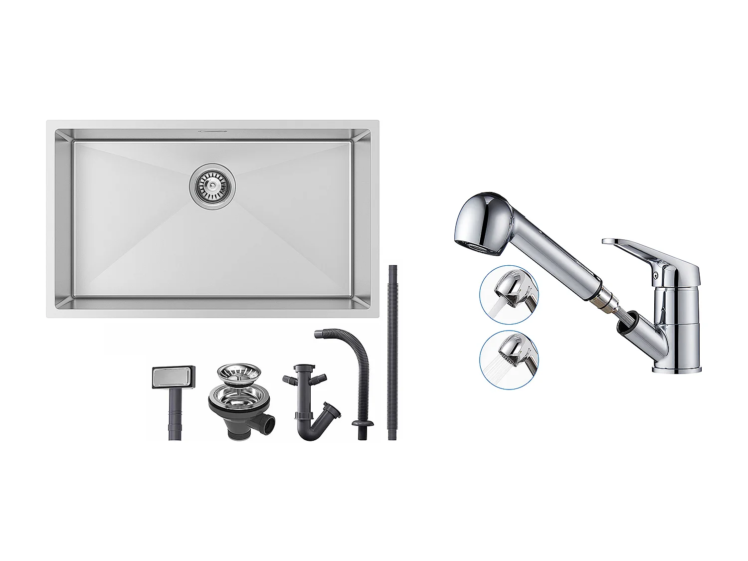 Küchenspüle 1 Becken 74*44*20CM Edelstahl gebürstet Spüle mit Siphon/Überlauf+Küchenarmatur mit ausziehbarer Brause Chrom 360° drehbar, Chrom