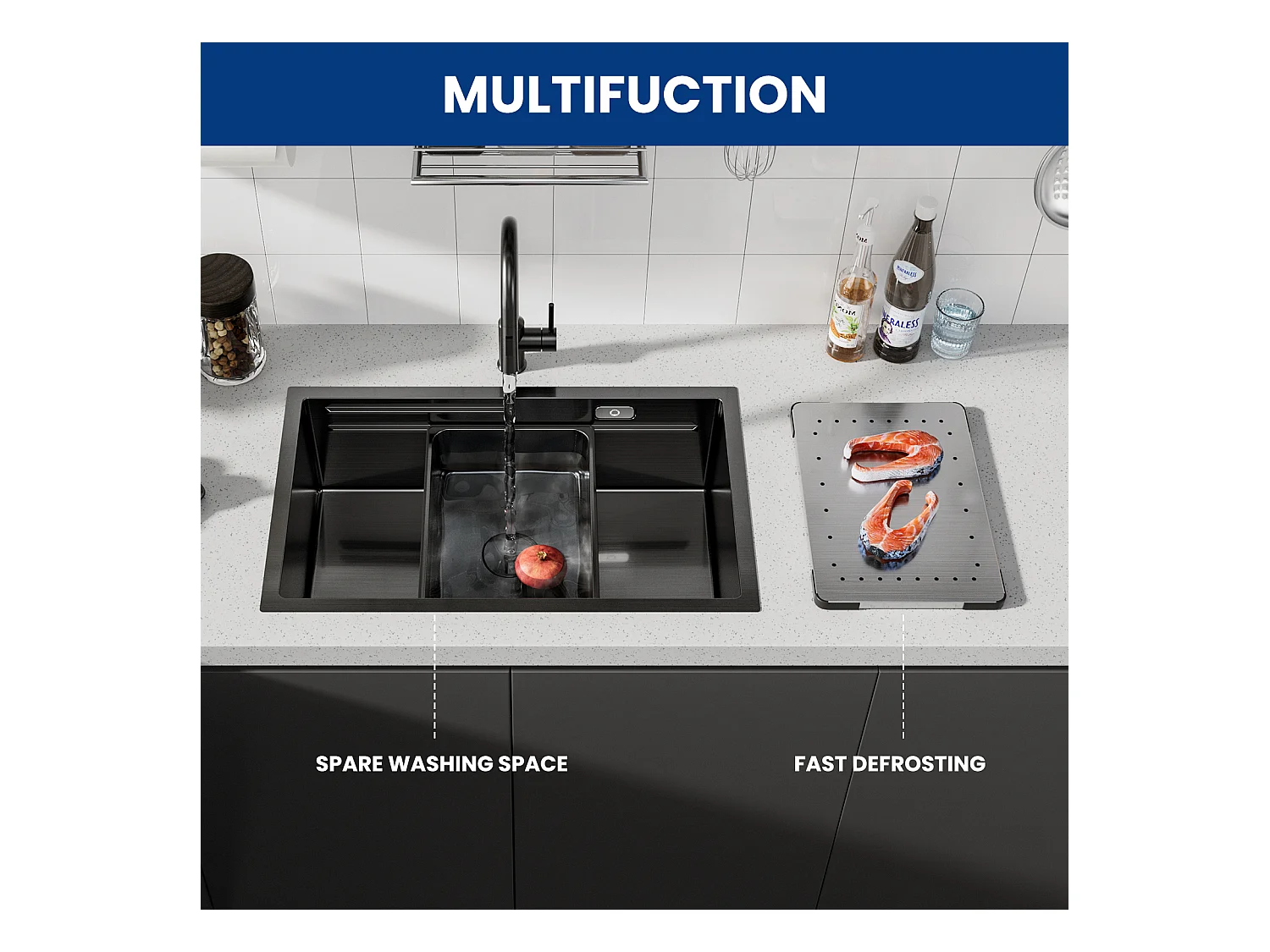 Fregadero de cocina Cecipa max de 1 seno, 70×44×21CM, negro, bajo encimera, con escurridor y lavabo, modelo UE