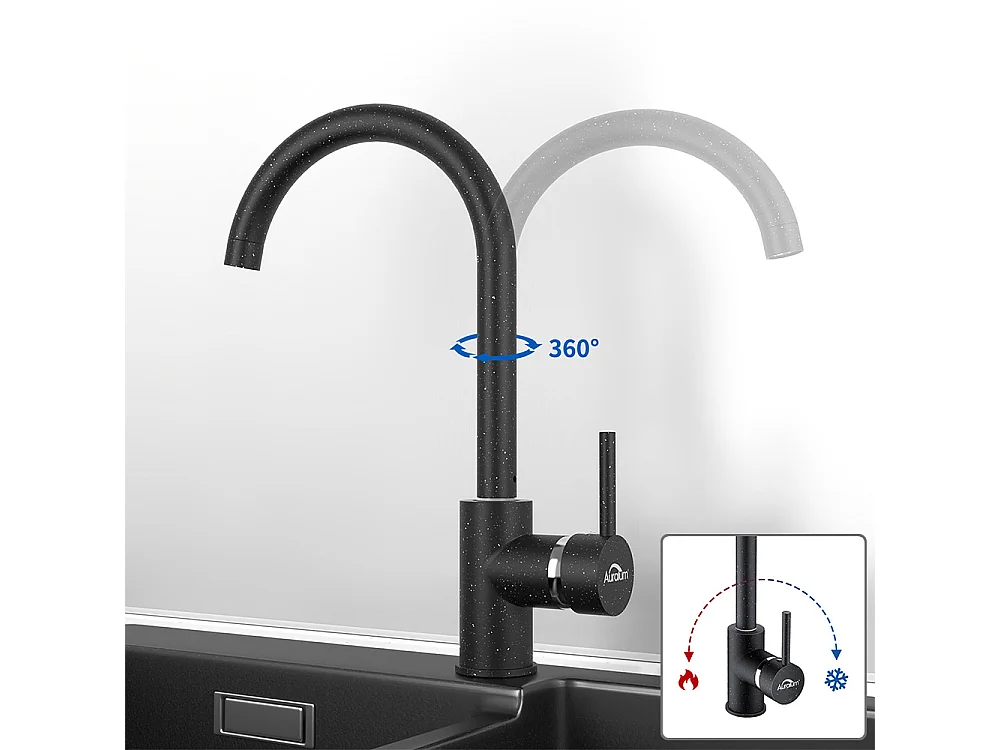 Évier Cuisine 1 Bac 55*45CM Noir+Robinet Cuisine Noir Rotatif 360° Mitigeur Cuisine Eau Froide et Chaude avec Aérateur Démontable