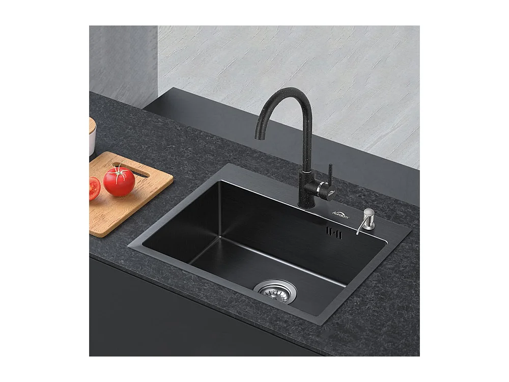 1 Becken Küchenspüle 55*45CM Schwarz + 360° drehbar Schwarz Küchenarmatur Kalt- und Warmwasser Küchenmischbatterie mit abnehmbarem Luftsprudler
