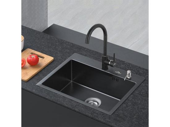 vente unique Évier Cuisine 1 Bac 55*45CM Noir+Robinet Cuisine Noir Rotatif 360° Mitigeur Cuisine Eau Froide et Chaude avec Aérateur Démontable
