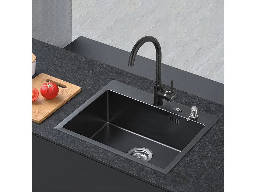 Évier Cuisine 1 Bac 55*45CM Noir+Robinet Cuisine Noir Rotatif 360° Mitigeur Cuisine Eau Froide et Chaude avec Aérateur Démontable