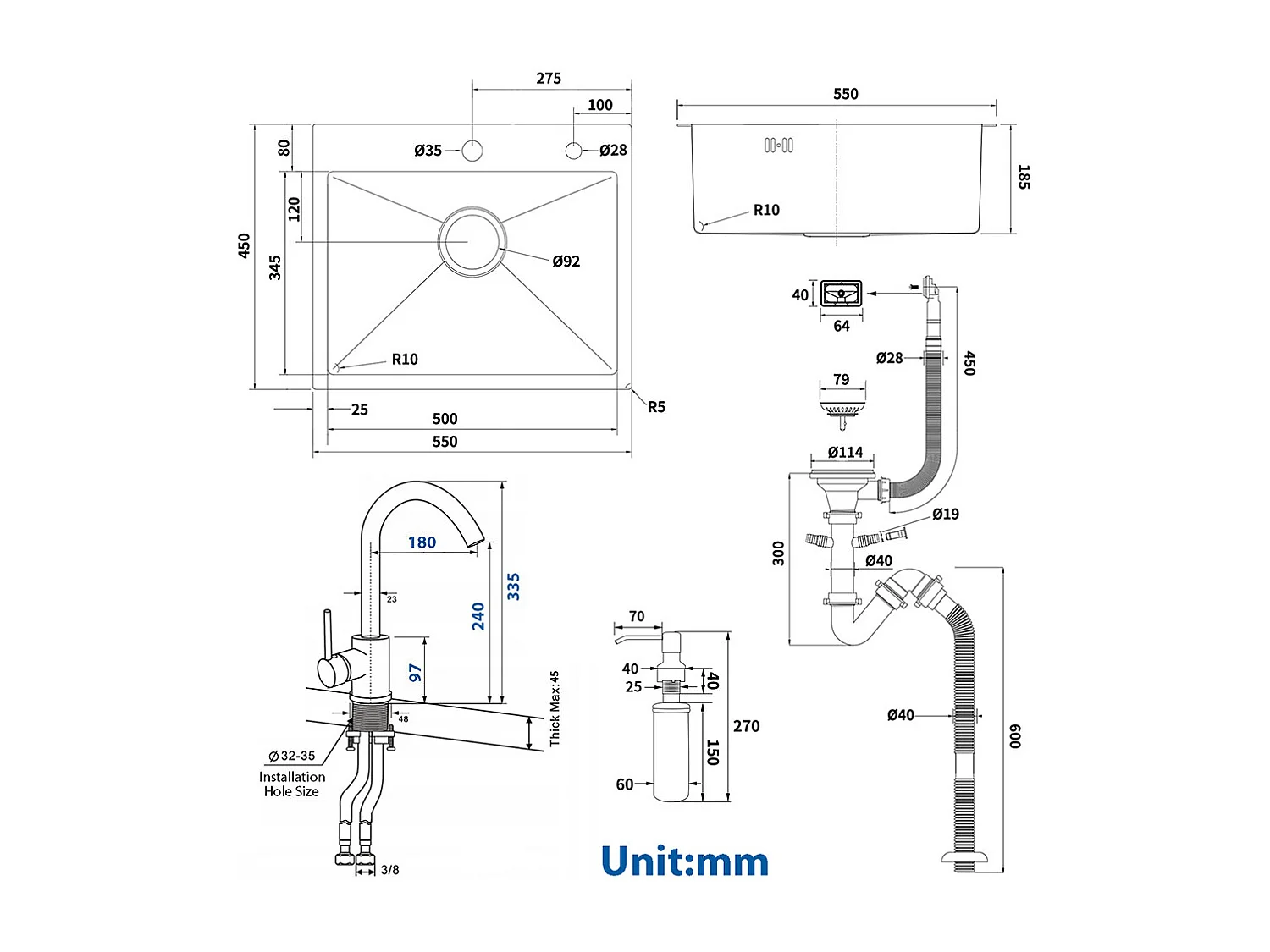 Évier Cuisine 1 Bac 55*45CM Noir+Robinet Cuisine Noir Rotatif 360° Mitigeur Cuisine Eau Froide et Chaude avec Aérateur Démontable