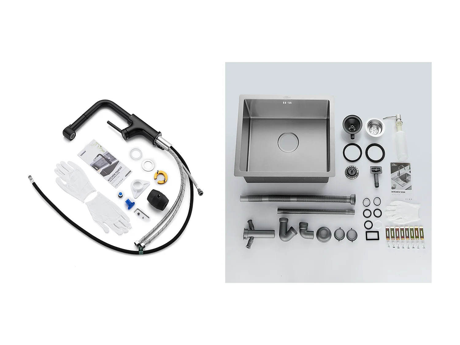 Évier de Cuisine Inox 1 Bac 50*43*18CM avec Distributeur de Savon+ Robinet de Cuisine Noir avec Douchette Extractible