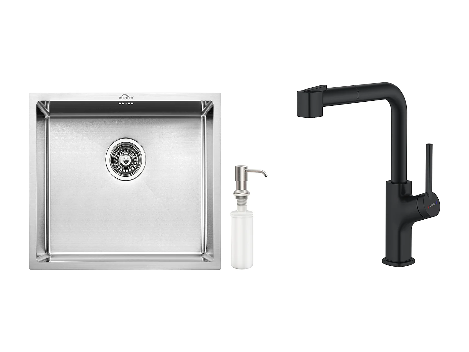 RVS Aanrecht 1 Bak 50*43*18CM met Zeepdispenser+ Zwarte Keukenkraan met Uittrekbare Douchekop