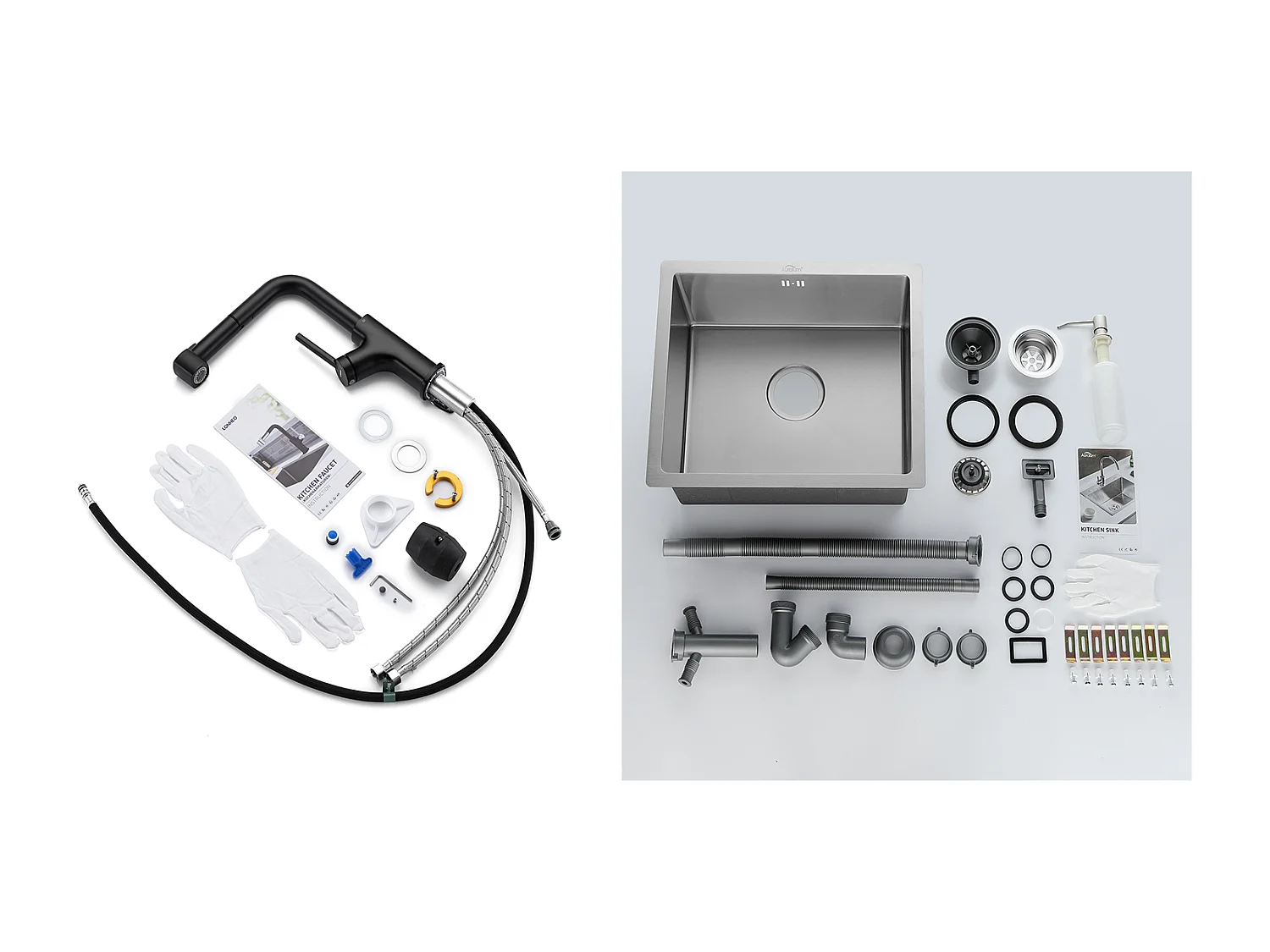 RVS Aanrecht 1 Bak 50*43*18CM met Zeepdispenser+ Zwarte Keukenkraan met Uittrekbare Douchekop