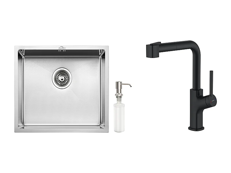 Lavello da CucinaE Inox 1 Vassoio 50*43*18CM con distributore di sapone+ rubinetto da cucina nero con doccia estraibile