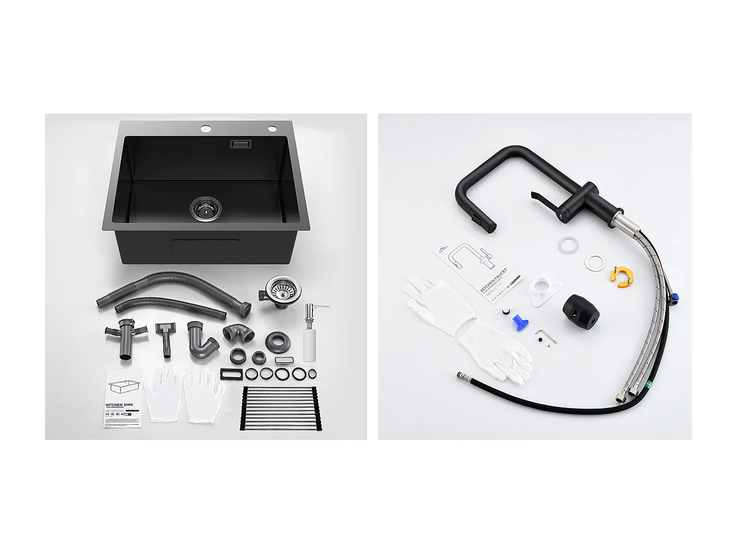 Aanrecht 1 Bak 58*45*18CM, met Afdruiprek Wastafel Oprolbaar/Zeepdispenser + Keukenkraan met Uittrekbare Handdouche 2 Functies, Zwart