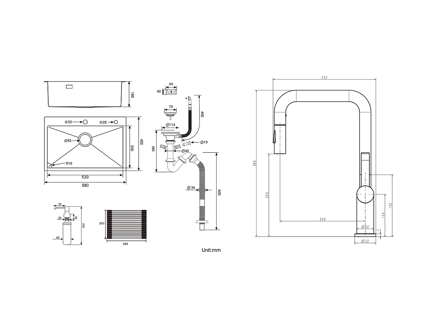 Évier Cuisine1Bac 58*45*18CM,avec Egouttoir évier Enroulable/Distributeur Savon +Robinet Cuisine avec Douchette Extractible 2 Fonctions,Noir