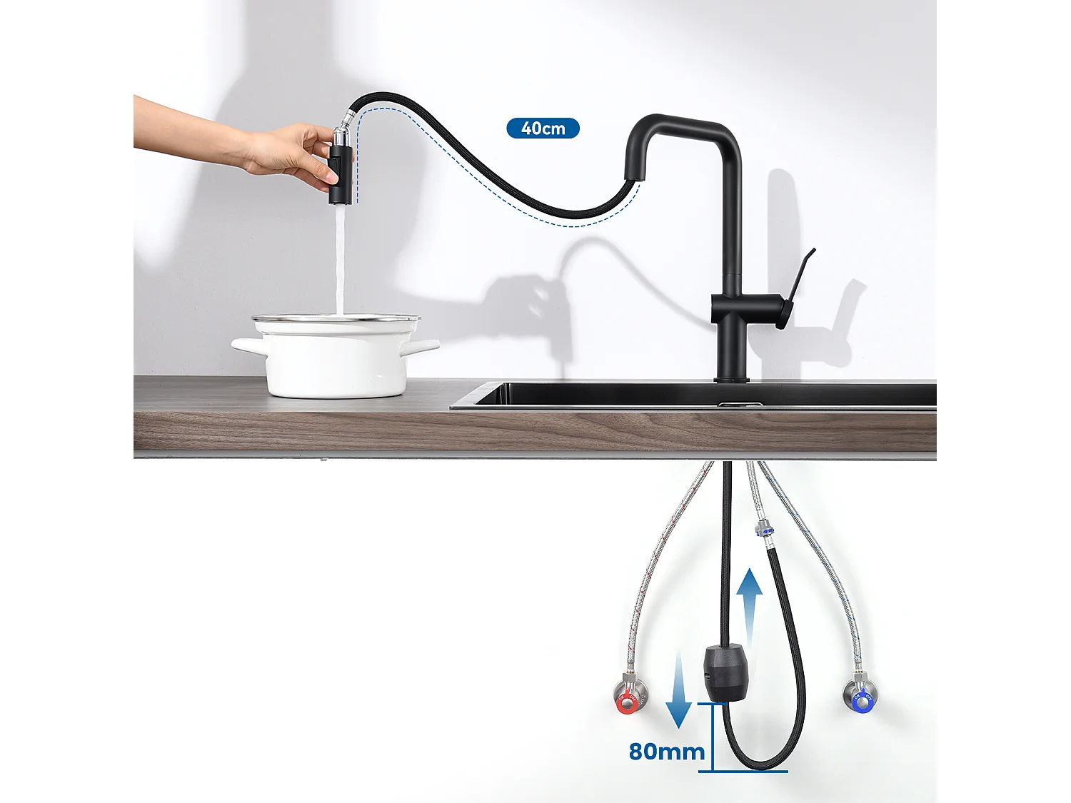 Aanrecht 1 Bak 58*45*18CM, met Afdruiprek Wastafel Oprolbaar/Zeepdispenser + Keukenkraan met Uittrekbare Handdouche 2 Functies, Zwart