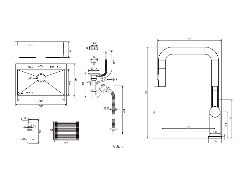 Évier Cuisine1Bac 58*45*18CM,avec Egouttoir évier Enroulable/Distributeur Savon +Robinet Cuisine avec Douchette Extractible 2 Fonctions,Noir