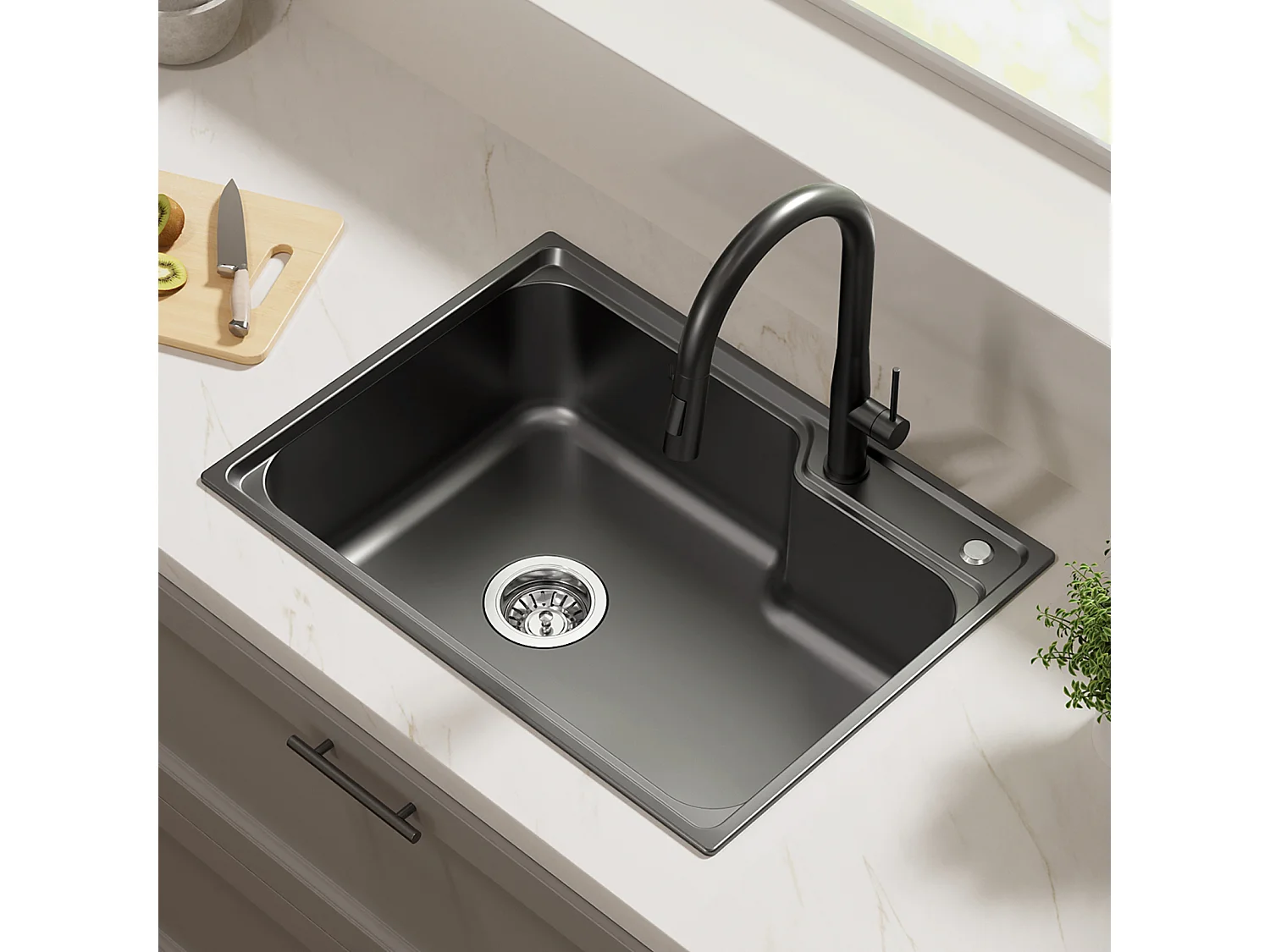 Auralum Max Évier Cuisine 1 Bac 62*45*21CM,en Inox PVD Nano Vasque à Poser,Noir+Mitigeur Évier avec Bec Flexible,Robinet de Cuisine Rabattable