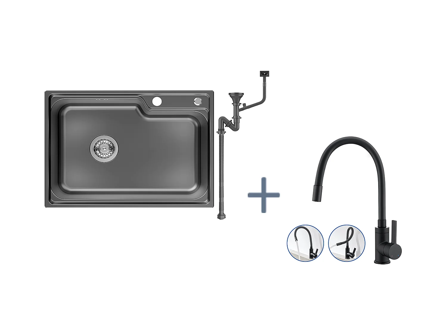 Auralum Max Évier Cuisine 1 Bac 62*45*21CM,en Inox PVD Nano Vasque à Poser,Noir+Mitigeur Évier avec Bec Flexible,Robinet de Cuisine Rabattable