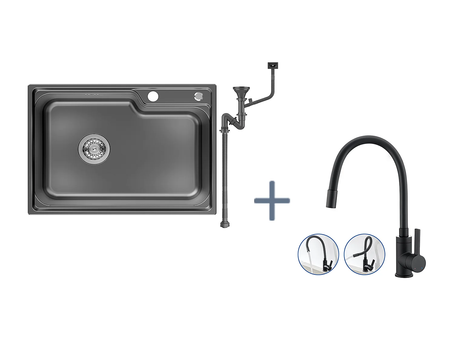 Auralum Max Évier Cuisine 1 Bac 62*45*21CM,en Inox PVD Nano Vasque à Poser,Noir+Mitigeur Évier avec Bec Flexible,Robinet de Cuisine Rabattable