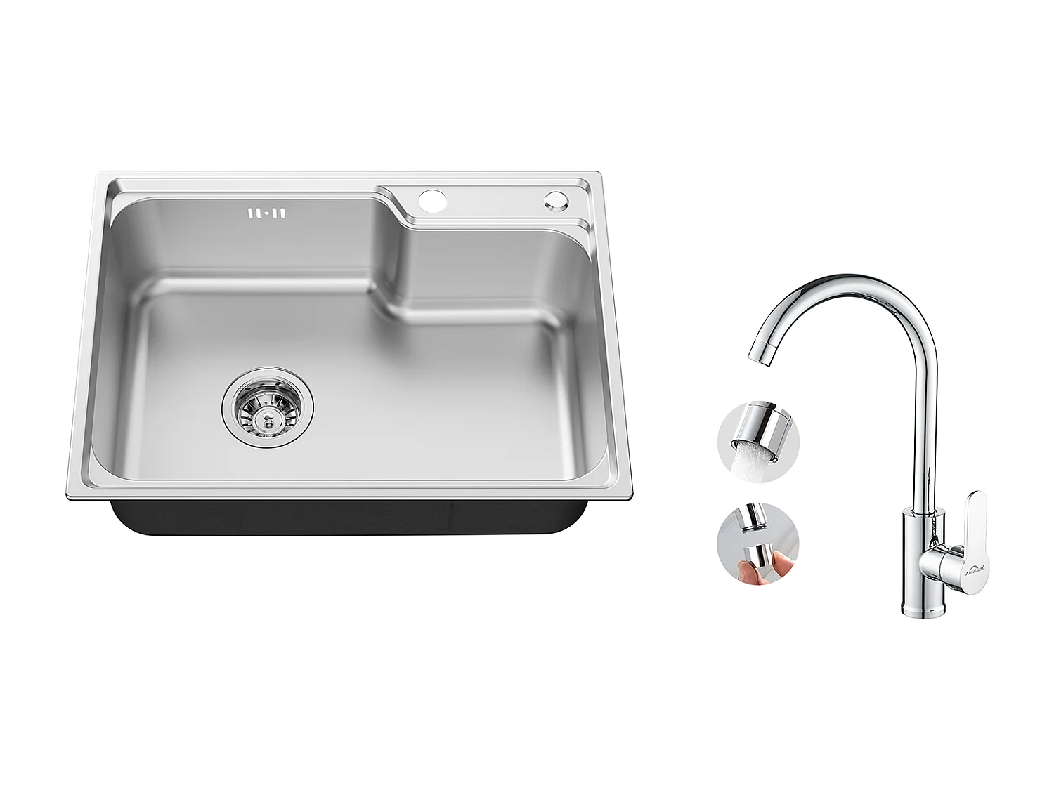 Auralum Max Évier Cuisine 1 Bac 62*45*21CM,Acier Inoxydable PVD Nano Vasque à Poser,Argent+Elégant Mitigeur de Cuisine Auralum Chromé,Pivotant 360°