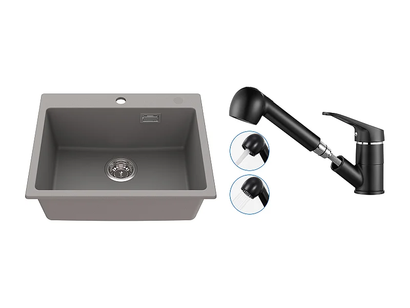 1 Bandeja Fregadero Cocina de Granito,55*45*20cm,Kit de Vaciado,Gris+MezcladorDe Cocina con Ducha Extragible Rotativa 360° Agua/Frío,Negro