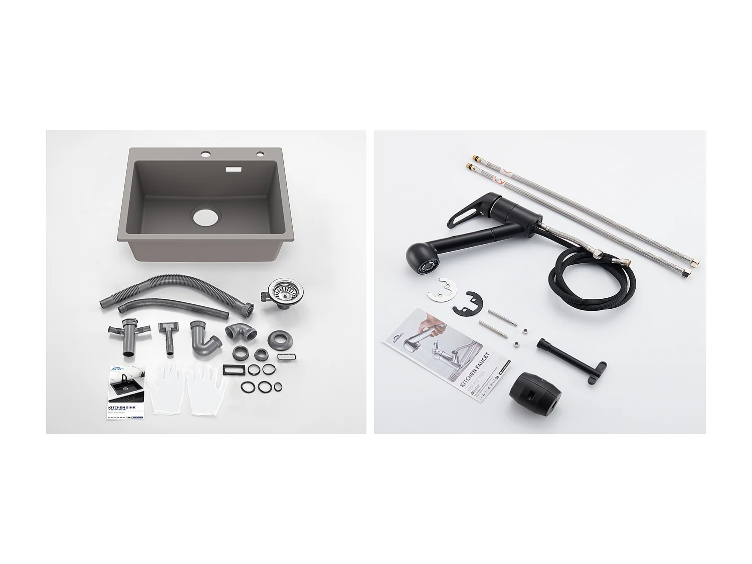 1 Bac Évier Cuisine en Granit,55*45*20cm,Kit de Vidage,Gris+Mitigeur de Cuisine avec Douchette Extractible Rotatif 360° Eau/Froid,Noir