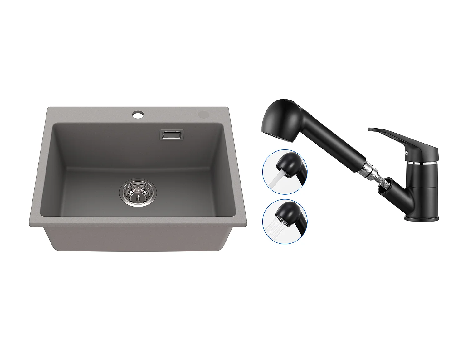 1 Bac Évier Cuisine en Granit,55*45*20cm,Kit de Vidage,Gris+Mitigeur de Cuisine avec Douchette Extractible Rotatif 360° Eau/Froid,Noir