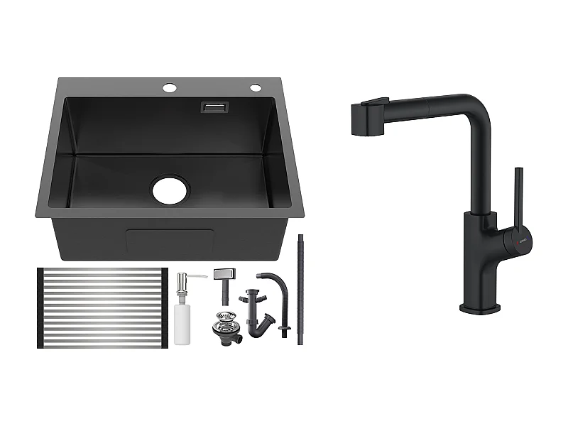 Aanrecht Keuken1Bak 58*45*18CM,met Afdruiprek Wastafel Oprolbaar/Zeepdispenser+ Keukenkraan Zwart met Uittrekbare Handdouche