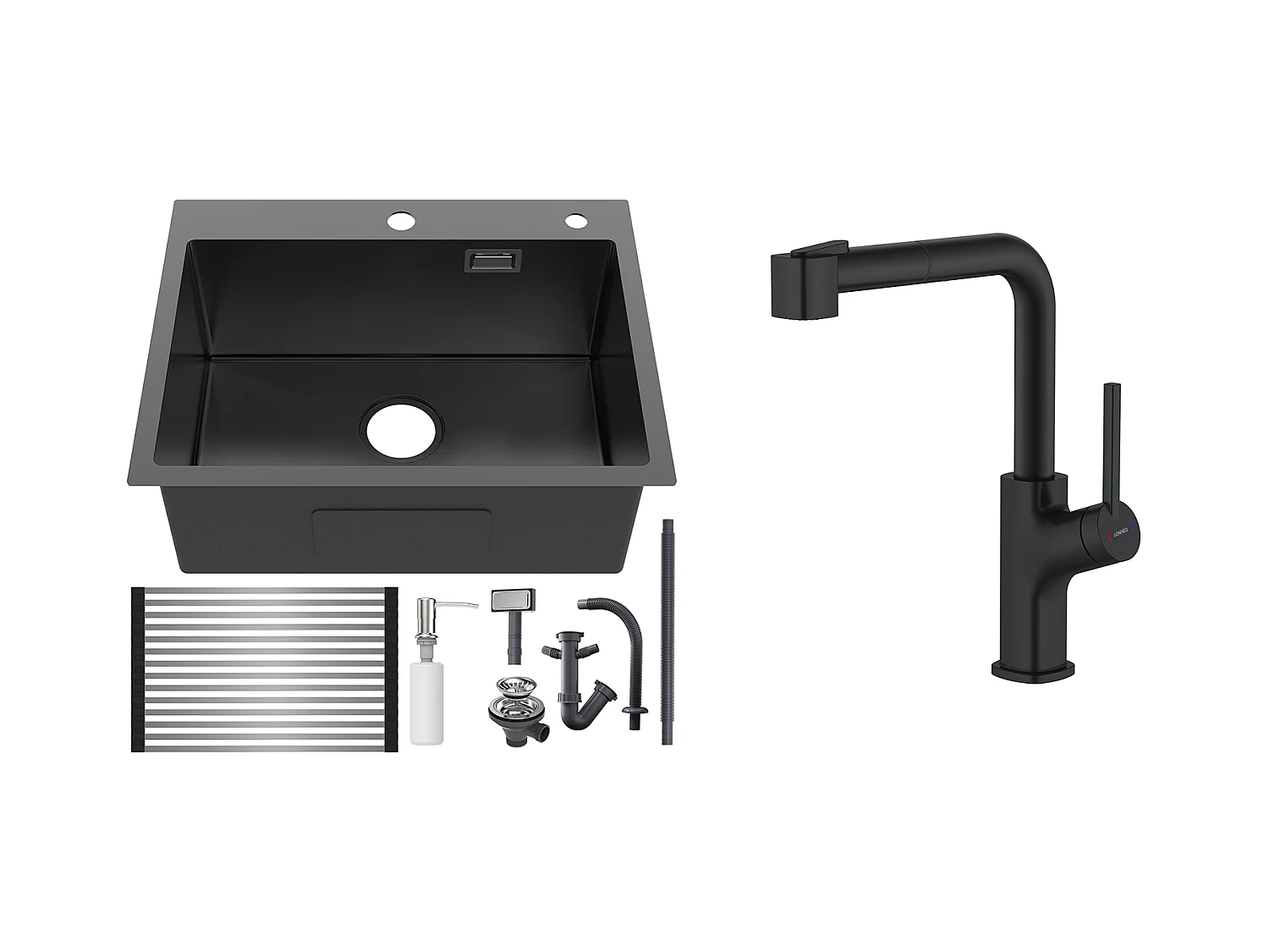 Évier Cuisine1Bac 58*45*18CM,avec Egouttoir évier Enroulable/Distributeur Savon+ Robinet de Cuisine Noir avec Douchette Extractible