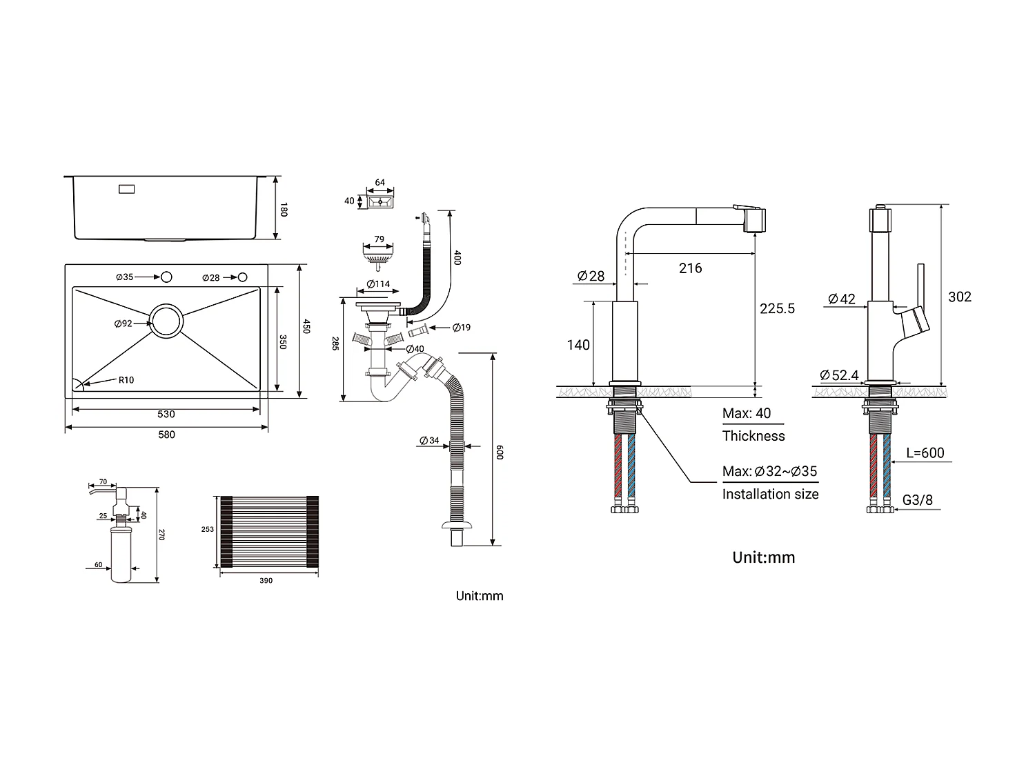 Aanrecht Keuken1Bak 58*45*18CM,met Afdruiprek Wastafel Oprolbaar/Zeepdispenser+ Keukenkraan Zwart met Uittrekbare Handdouche