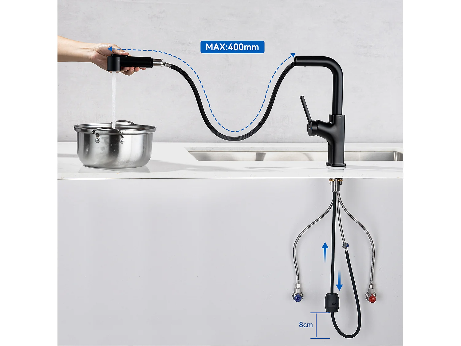 Aanrecht Keuken1Bak 58*45*18CM,met Afdruiprek Wastafel Oprolbaar/Zeepdispenser+ Keukenkraan Zwart met Uittrekbare Handdouche