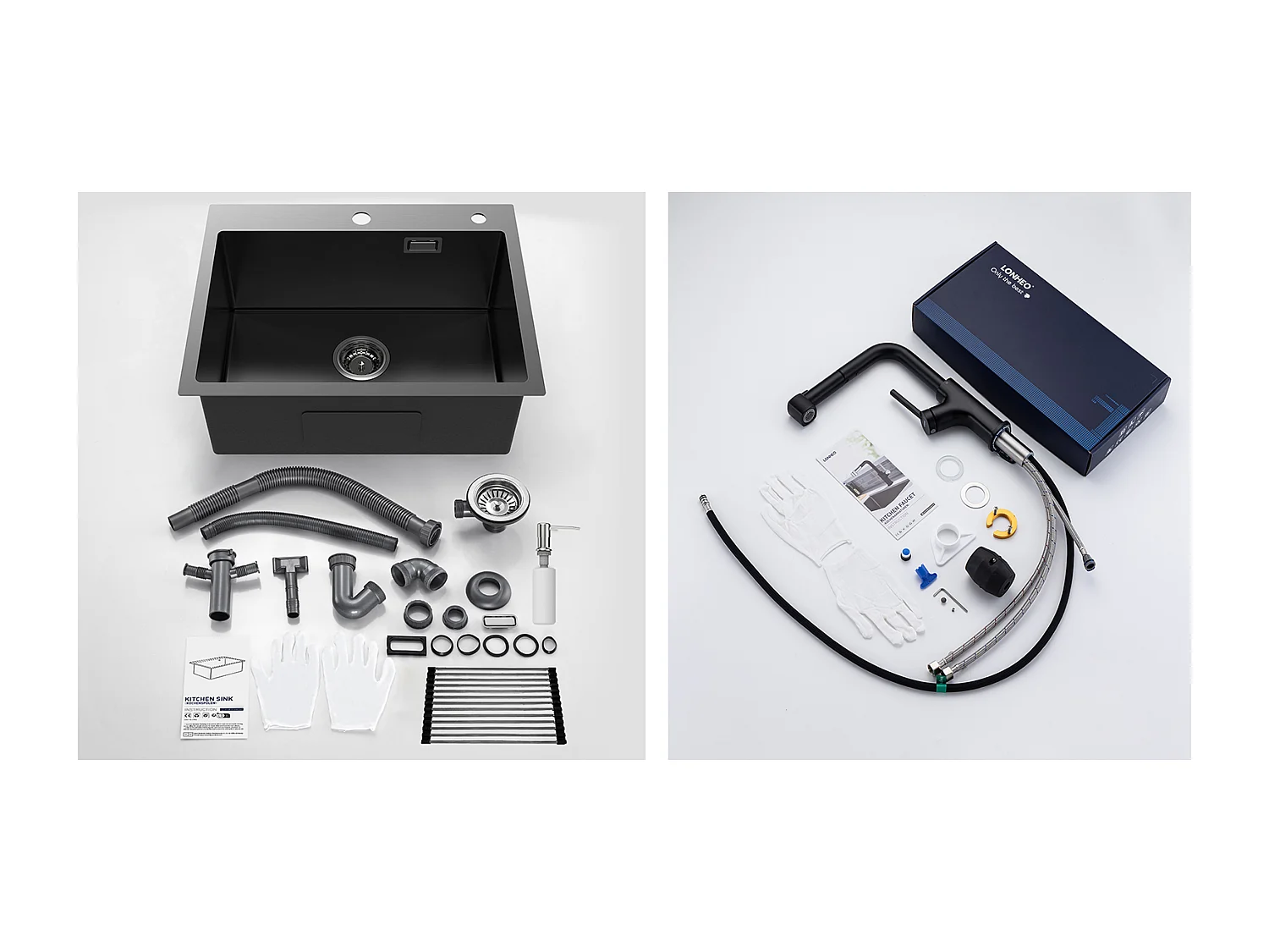 Évier Cuisine1Bac 58*45*18CM,avec Egouttoir évier Enroulable/Distributeur Savon+ Robinet de Cuisine Noir avec Douchette Extractible