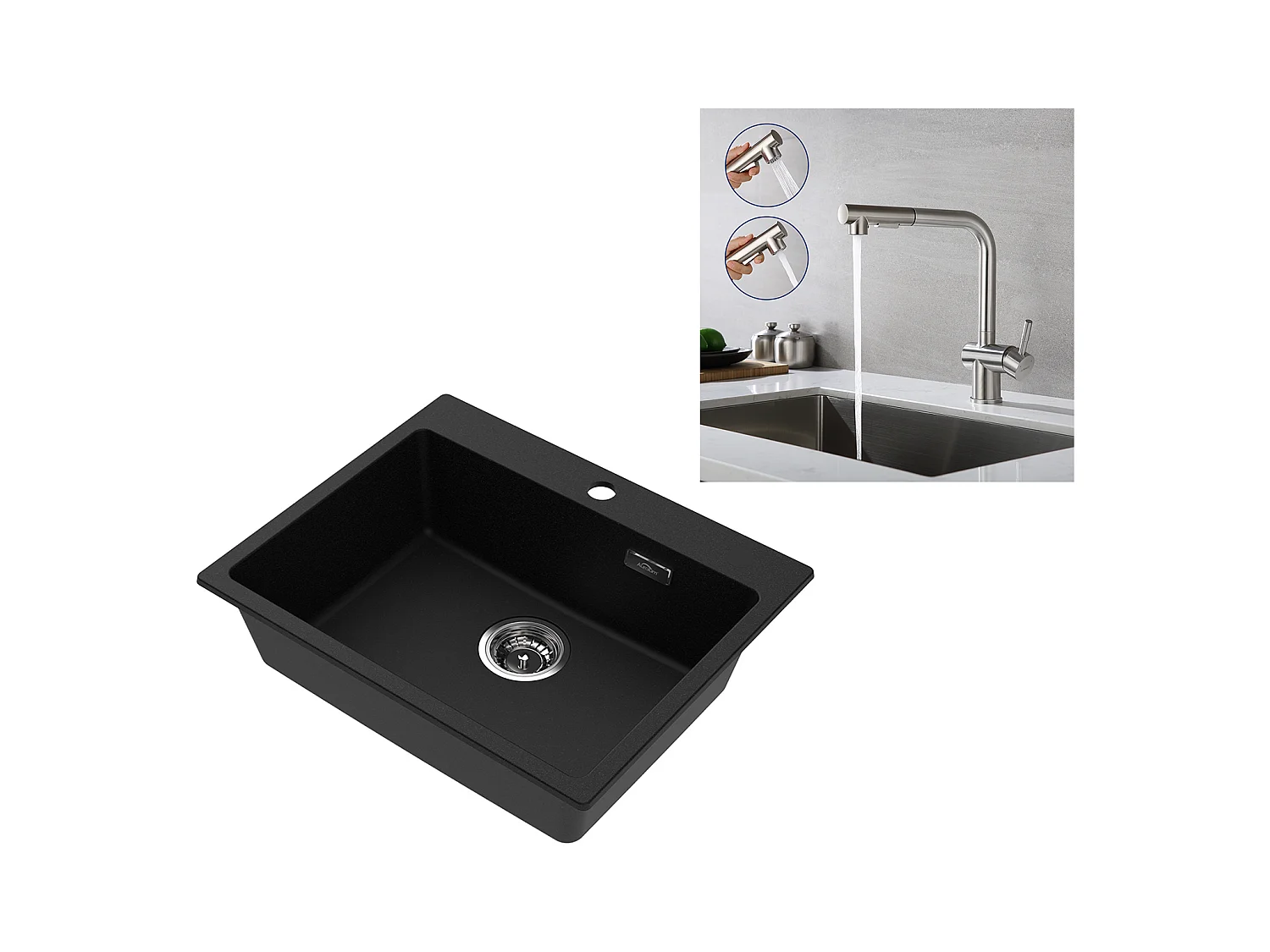 1Vassoio Lavello Cucina in Granito,55*45*20cm,Kit Svuotamento,Nero+Rubinetto Cucina Doccia Estraibile a 2 Getti Giretante 360° Acciaio Inox
