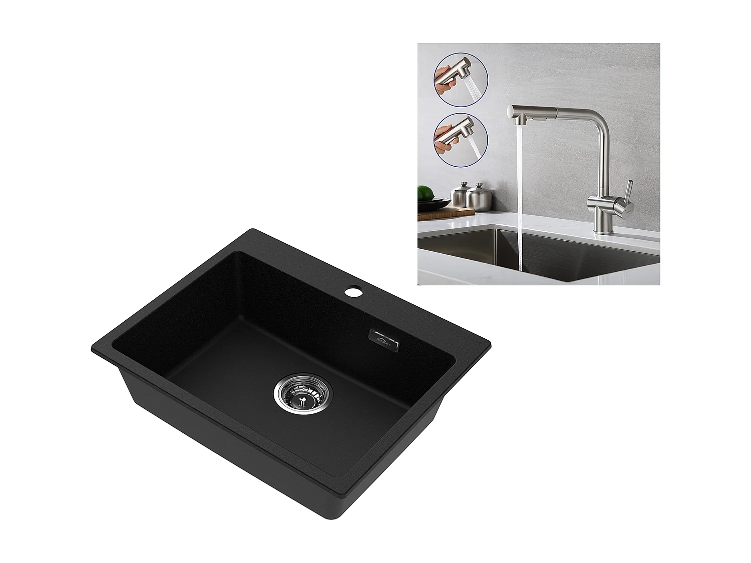 1 Bac Évier Cuisine en Granit,55*45*20cm,Kit de Vidage，Noir+Robinet Cuisine Douchette Extractible à 2 Jets Pivotant à 360° en Acier Inox 